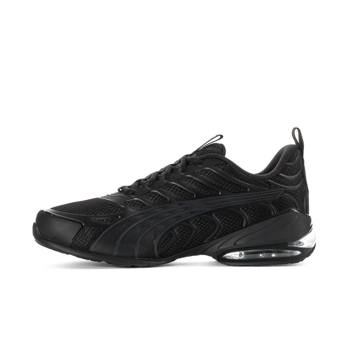 Men's Puma lace-up sneakers, angled side view, black upper with visible air unit