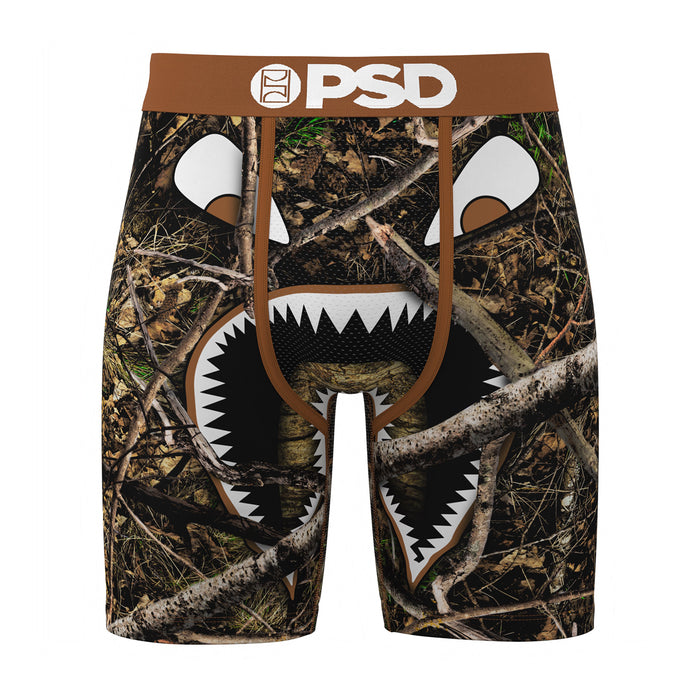 Men's camo boxer briefs with white peekaboo face graphic and brown waistband