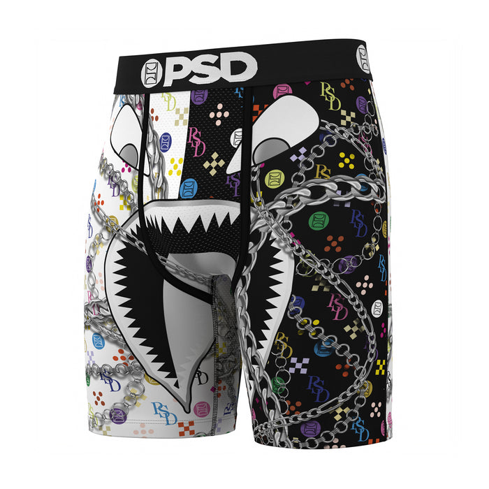 Men's graphic boxer briefs, split white/black with chain and icon print, full front PSD waistband