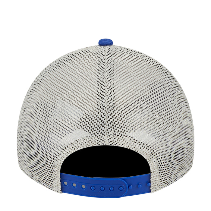 Back of blue-and-white trucker cap with white mesh panels and blue snapback strap.