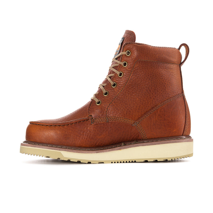 Men's rust lace-up ankle boots, side view with metal eyelets and light sole.