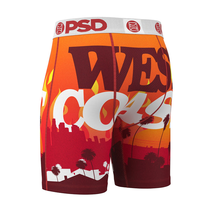 Men's boxer shorts, orange-red with large WEST COAST text and palm silhouettes