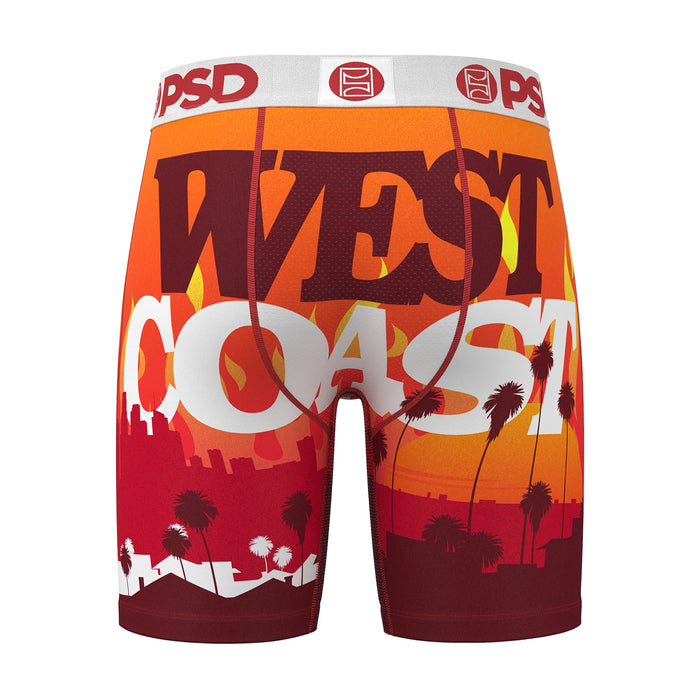 Men's boxer shorts, orange-red tropical scene with palms and sunset gradient, PSD waistband