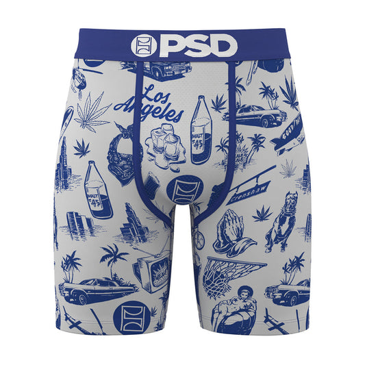 Men's boxer briefs in white with blue Los Angeles icon print, PSD logo waistband