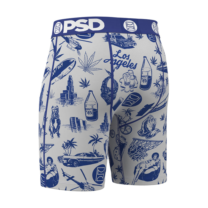 Men's boxer briefs, front view, white base with blue icon pattern and PSD waistband