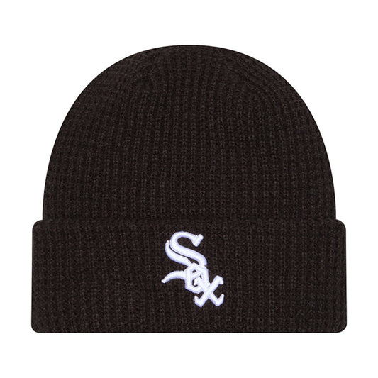 Black knit waffle beanie with white Chicago Sox logo