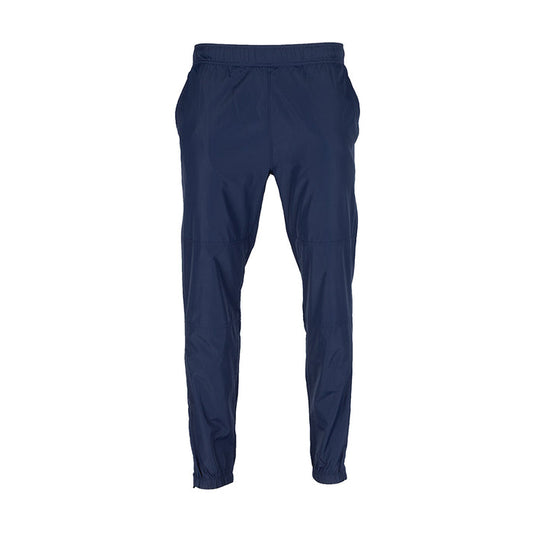 Men's navy wind pants with elastic waistband and tapered legs