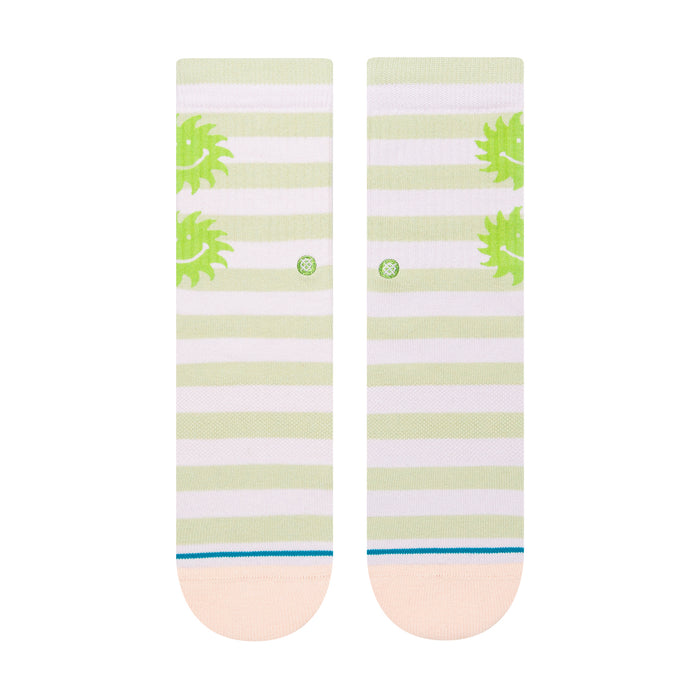 Women's crew socks, pale pink & green striped with small lime smiley sun accents