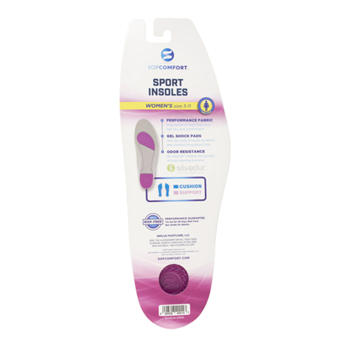 Women’s sport insoles packaging backer with product info and purple graphic