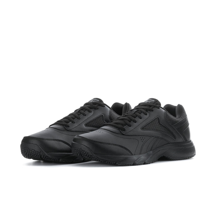 Black men's lace-up work sneaker, side profile with Reebok logo