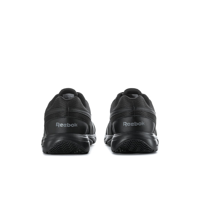 Black men's lace-up work sneaker, heel view with Reebok branding