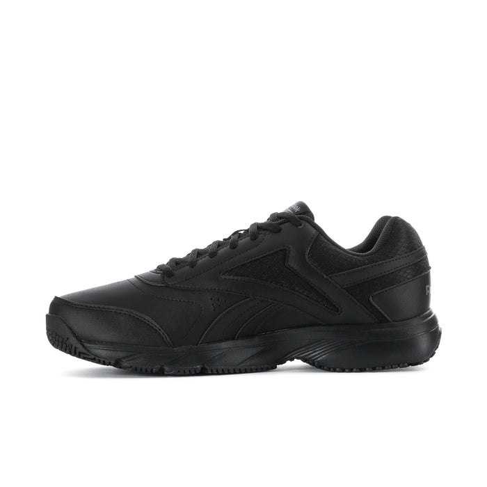 Black men's lace-up work sneaker, angled side profile