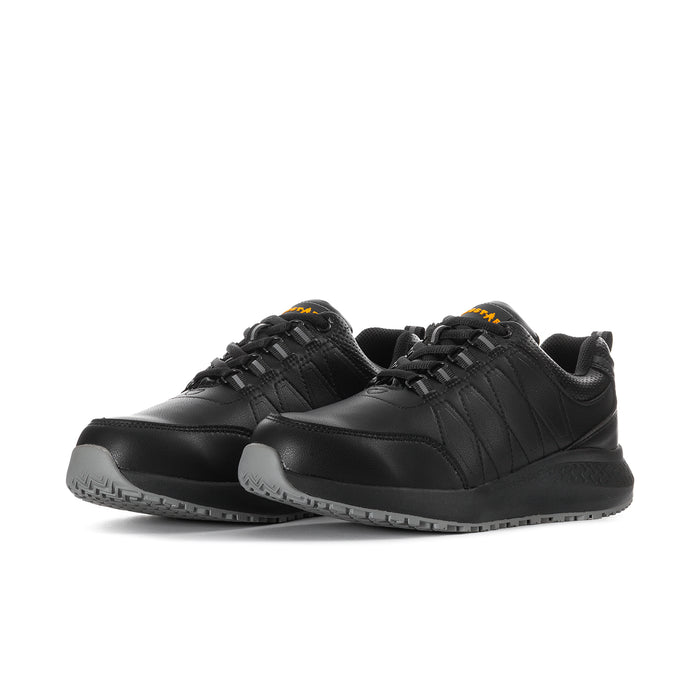 Black lace-up work sneakers with cushioned sole and textured side panels