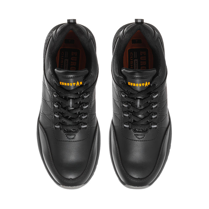 Black lace-up work sneakers, front view, padded collar and orange logo lining