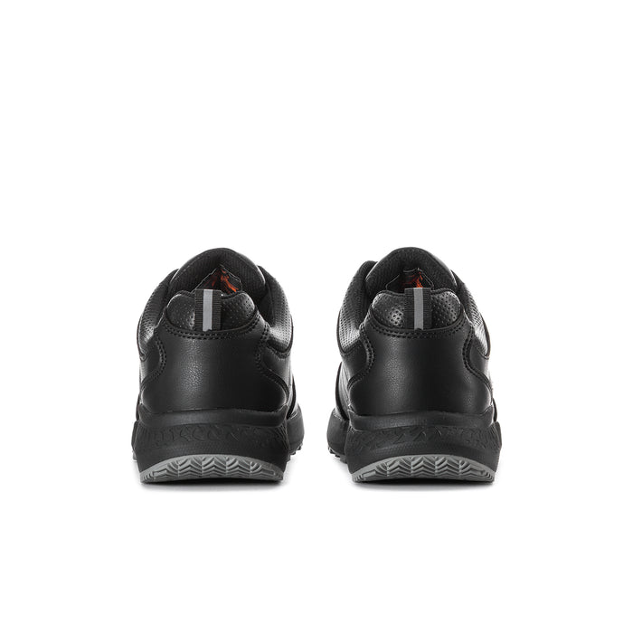 Black work sneakers, heel view, padded back and treaded rubber outsole