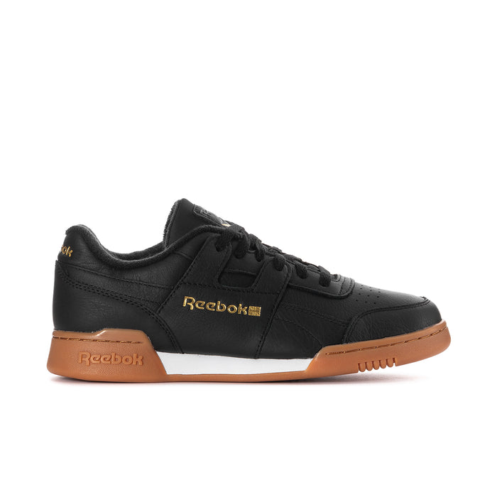 Men's black Reebok lace-up sneakers, gold logo, gum outsole