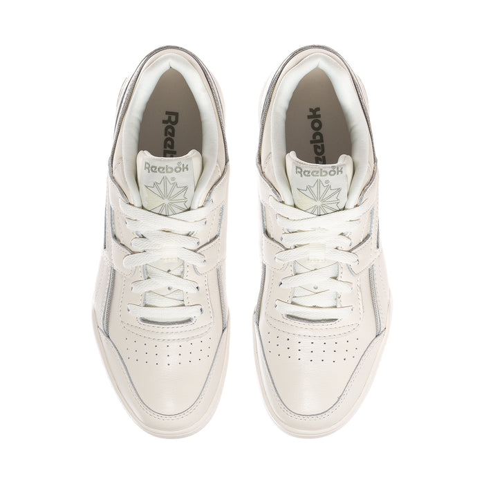 Women’s off-white sneakers, top view showing Reebok logos on the insoles