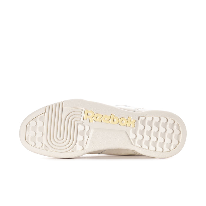Women’s off-white sneakers, view of white rubber outsole with Reebok tread pattern