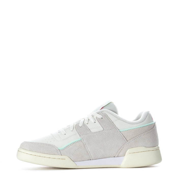 Youth lace-up sneakers with white upper, light gray panels, and mint stripe detail