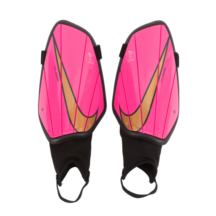 Pink ankle shin guards with black trim, adjustable straps, contoured shell