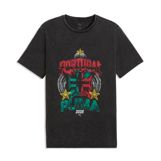 Mens dark heather charcoal tee with large front graphic print and crew neckline