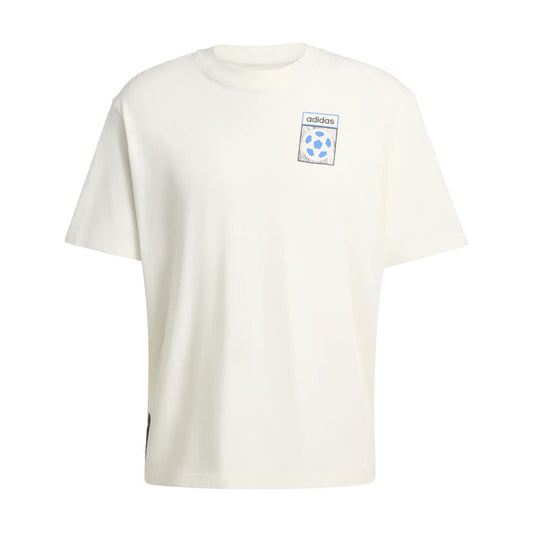 Off-white men's T-shirt with adidas chest logo and World Cup flag graphic