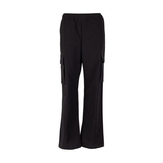 Women's black woven cargo pants with elastic waist and side cargo pockets