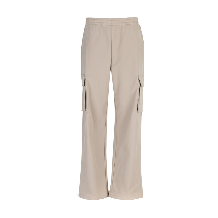 Women’s woven cargo pants, light mocha with cargo flap pockets and drawstring waist.