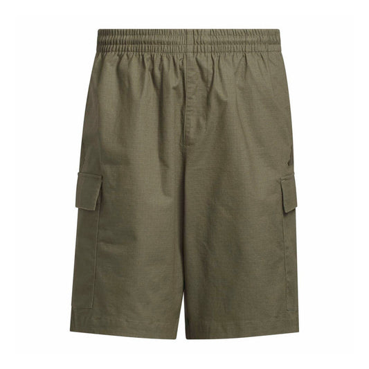 Olive woven cargo shorts with elastic waistband and side cargo pockets