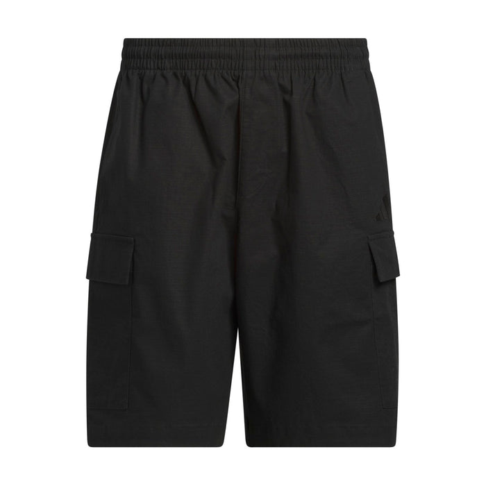 Men's black woven cargo shorts with elastic waist and side cargo pockets