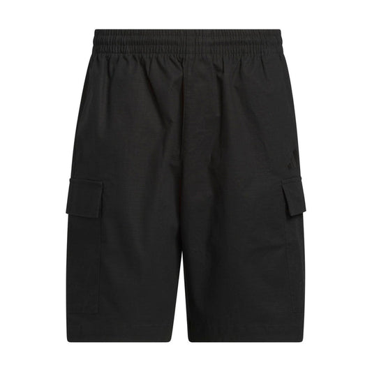Men's black woven cargo shorts with elastic waist and side cargo pockets