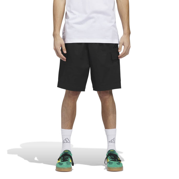 Men's black cargo shorts, back view, elastic waistband and cargo pockets