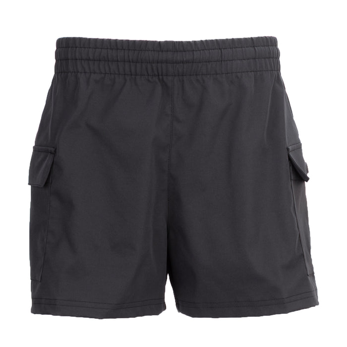 Youth black woven cargo shorts with elastic waistband and side flap pockets