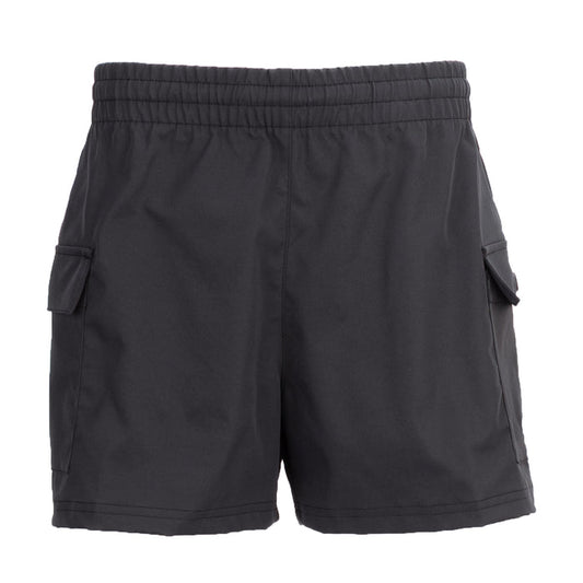 Youth black woven cargo shorts with elastic waistband and side flap pockets