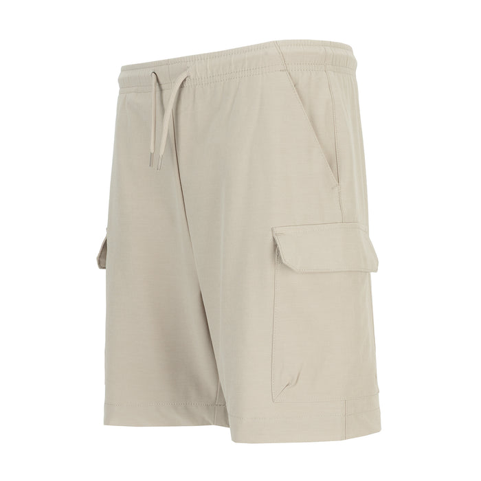 Youth cargo shorts, back view, with elastic waist, drawstring, and side cargo pockets