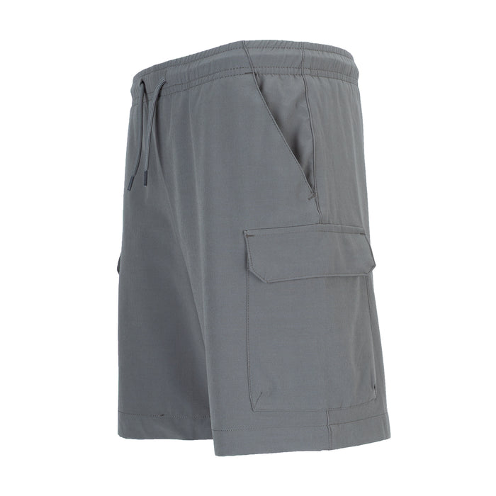 Youth woven cargo shorts in grey, side cargo pocket and pleated back seam