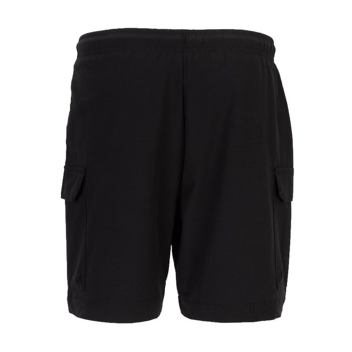 Youth black woven cargo shorts back view with flap cargo pockets and elastic waist