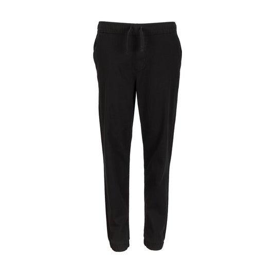 Youth woven jogger pants, black, elastic waistband and tapered leg.