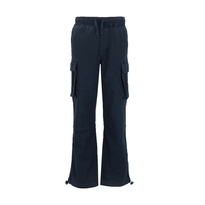 Youth navy woven utility pants with cargo pockets, elastic waist and drawstring hem