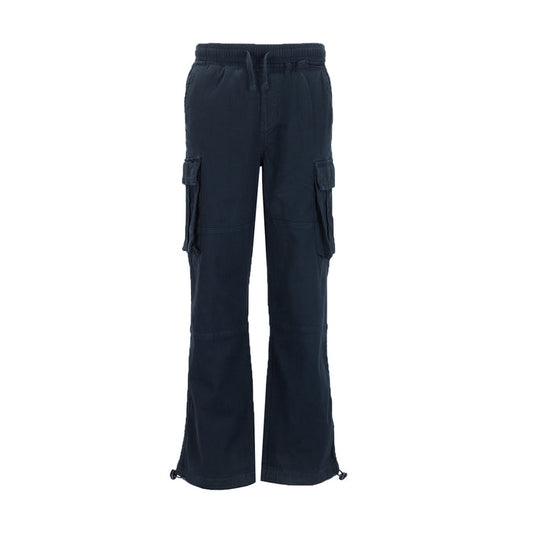 Youth navy woven utility pants with cargo pockets, elastic waist and drawstring hem