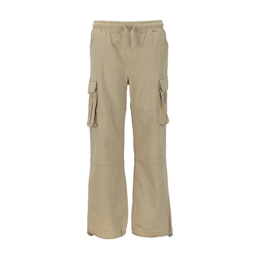 Youth woven utility pants, tan twill, elastic waistband with drawstring, cargo side pockets
