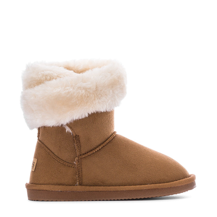 Kids chestnut suede boot with white faux-fur cuff and side seam stitching