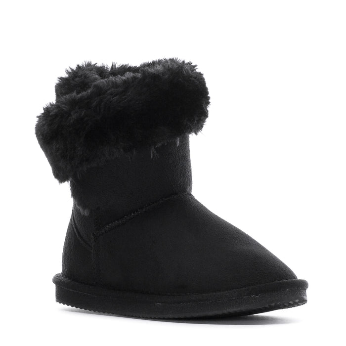 Kids black ankle wrap boot with faux-fur collar and dark rubber sole