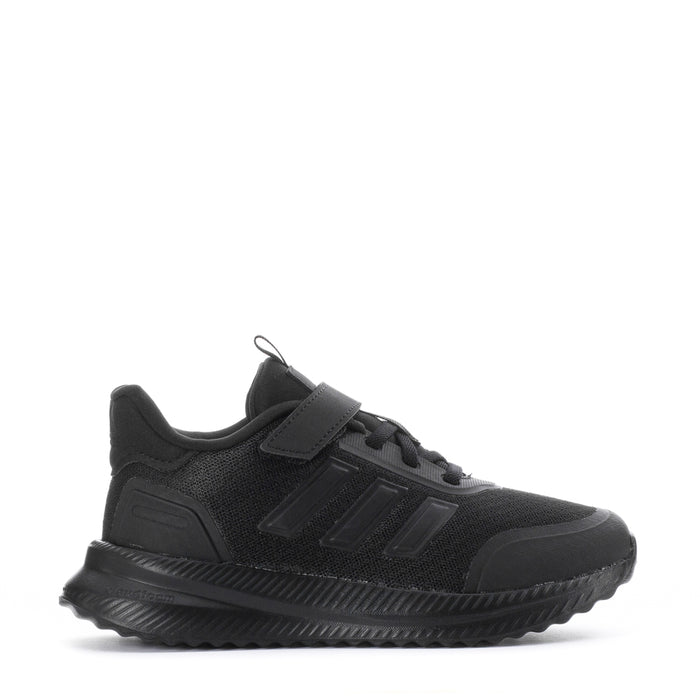 Kids black sneaker with velcro strap, lace-up front, and textured grip sole