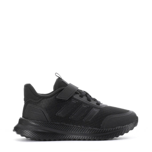 Kids black sneaker with velcro strap, lace-up front, and textured grip sole