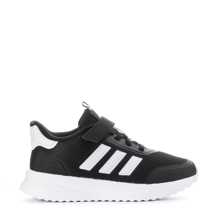 Kids adidas sneakers: black with white 3-Stripes and hook strap, textured sole