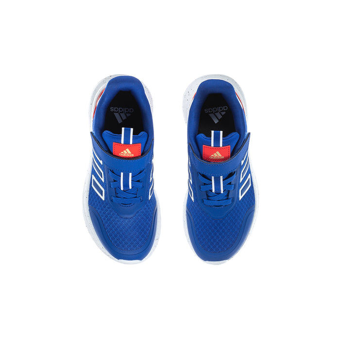 Kids' blue sneakers with adidas logo on tongue, white and red trim