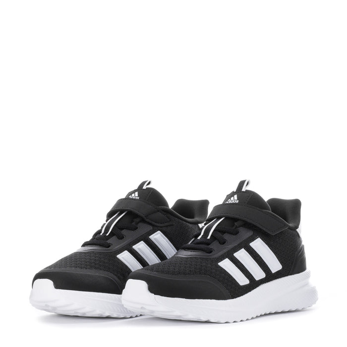 Kids adidas sneakers pair, black uppers with white 3-Stripes and lace-up