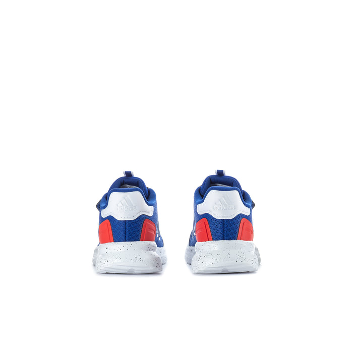 Kids' blue sneakers from back, white heel detail and red panel