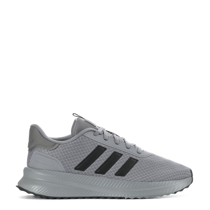 Men's grey knit running shoes with black three-bar stripes and light cushioned sole